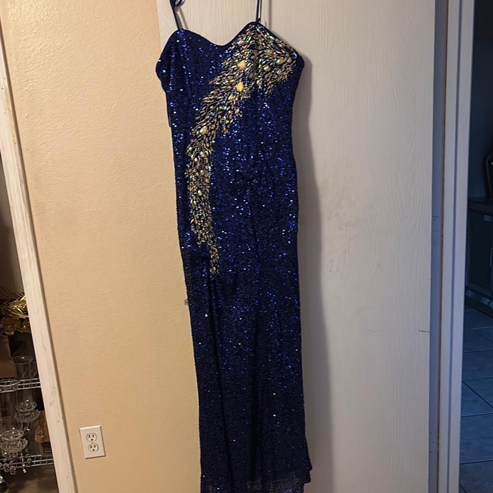 Blue Sequin One Shoulder Gown with Spaghetti Straps for Prom